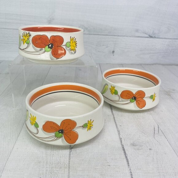 Mancer Italy ORANGE YELLOW FLORAL Hand Paint Stackable Ceramic Bowl Set 3 Flaw - Picture 2 of 16